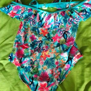 Swimsuit blue with flowers XL